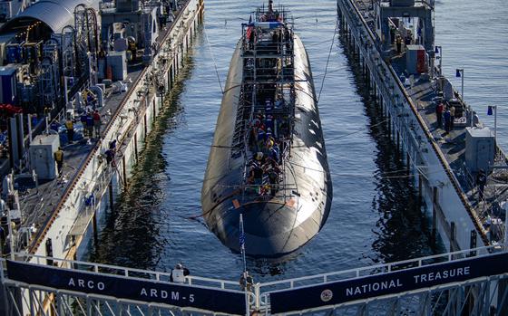 The fast-attack submarine USS Alexandria prepares to depart Naval Base Point Loma in San Diego, April 5, 2023. 