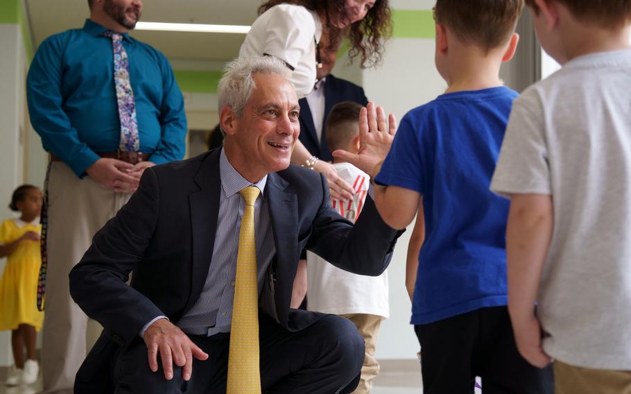 U.S. Ambassador to Japan Rahm Emanuel high-fives students at Yokosuka Primary School, Yokosuka Naval Base, Japan, on Sept. 4, 2024, the first day of the Department of Defense Education Activity's new universal pre-kindergarten program. 