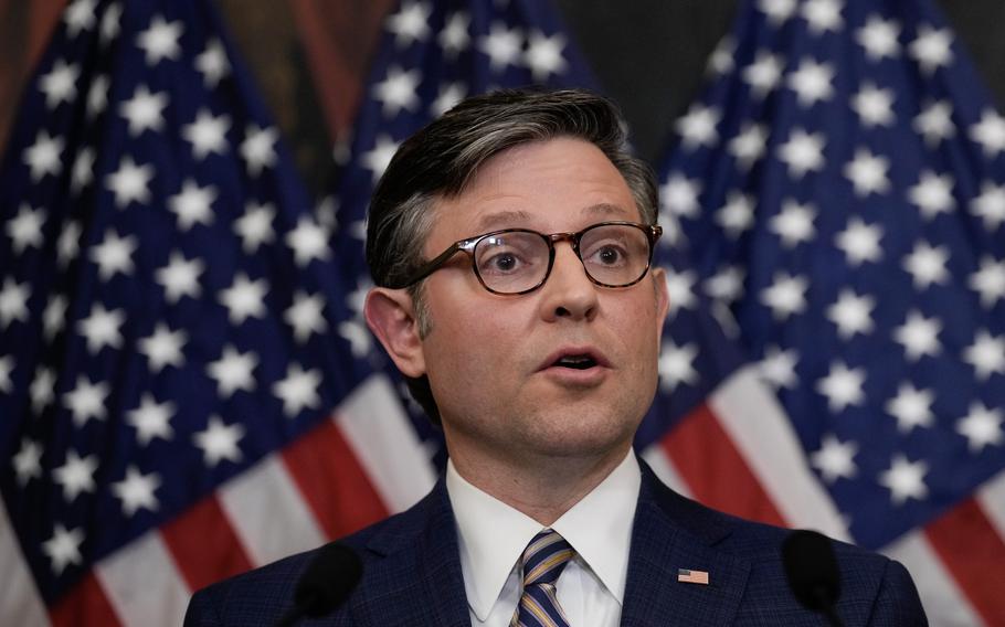 Speaker of the House Mike Johnson, R-La., speaks during a news conference with families of hostages held by Hamas in Gaza, in the Rayburn Room of the U.S. Capitol, Nov. 7, 2023, in Washington.