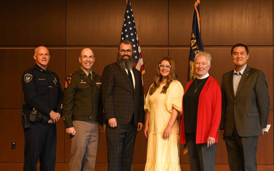 The Oregon Army National Guard Chaplain Corps inducted a new officer, the first Jewish Rabbi chaplain candidate in the organization Rabbi Menachem M. Orenstein, during a commissioning ceremony at 41st Armed Forces Reserve Center Auditorium, in Clackamas Ore., August 18, 2024.