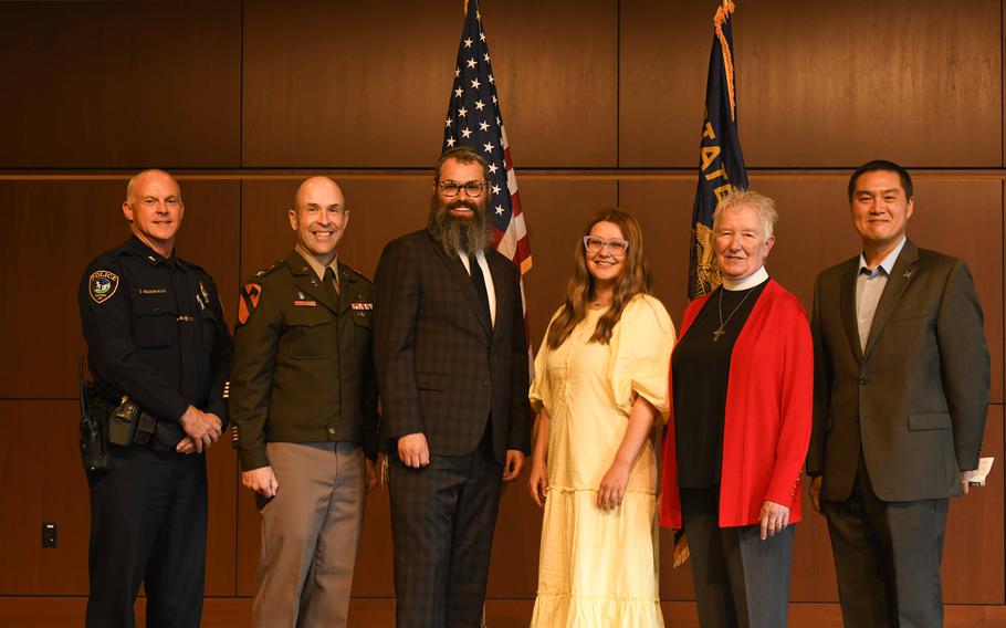 The Oregon Army National Guard Chaplain Corps inducted a new officer, the first Jewish Rabbi chaplain candidate in the organization Rabbi Menachem M. Orenstein, during a commissioning ceremony at 41st Armed Forces Reserve Center Auditorium, in Clackamas Ore., Aug. 18, 2024.