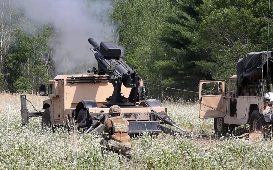 In a screenshot from a video, artillery soldiers of the Illinois Army National Guard fire the Hawkeye 105 mm Mobile Weapon System at Camp Grayling, Mich., in 2019. The mobile Howitzer, which is still undergoing Army testing, was secretly supplied to Ukraine in April, according to a representative of AM General, the company that makes it.