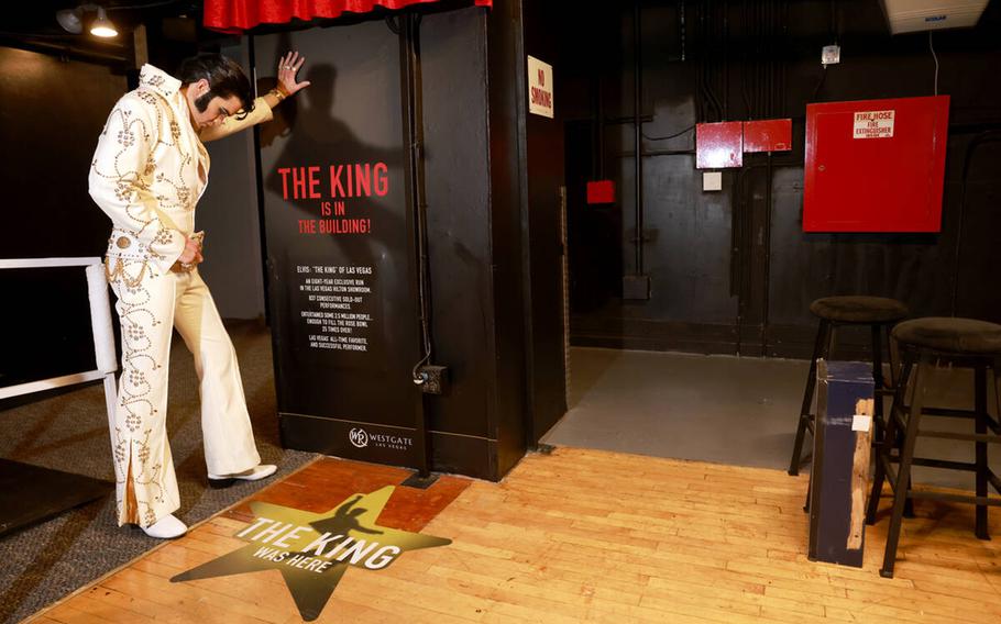 Elvis tribute artist Daniel Durston stands backstage at the Westgate hotel-casino in Las Vegas, June 14, near the spot where The King himself stopped to pray before each of his sold-out shows at what was then the International. 