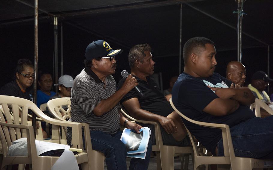 A Peleliu resident asks a question about a new U.S. military site during a public meeting at the state office in Peleliu, Republic of Palau, May 13, 2024.