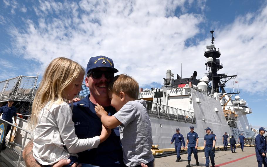 Crew members from the U.S. Coast Guard Cutter Waesche (WSML 751) reunite with family and friends after returning to their Base Alameda, Calif., on Sunday, Aug. 11, 2024, following a 120-day Indo-Pacific patrol. 