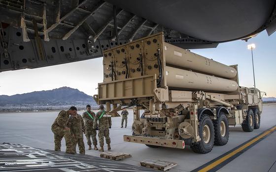 This image provided by the U.S. Air Force shows the U.S. Army Terminal High Altitude Area Defense (THAAD) launching station preparing to load onto a 4th Airlift Squadron C-17 Globemaster III at Fort Bliss, Texas, Feb. 23, 2019. (Staff Sgt. Cory D. Payne/U.S. Air Force via AP)