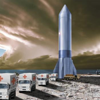 An illustration showing aid trucks driving away from a rocket.