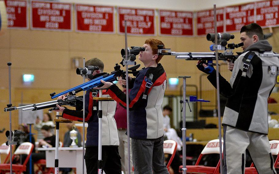 Spangdahlem's Andre Danielson checks out the target through his scope during a marksmanship competition on Jan. 6, 2024, at Kaiserslautern High School in Kaiserslautern, Germany.