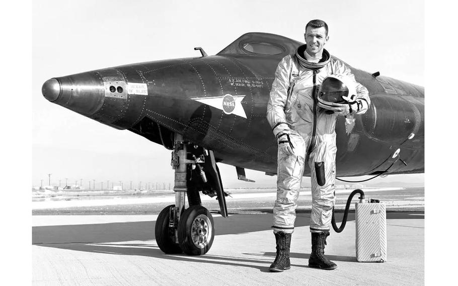 Captain Joe Engle is seen here next to the X-15-2 (56-6671) rocket-powered research aircraft after a flight.