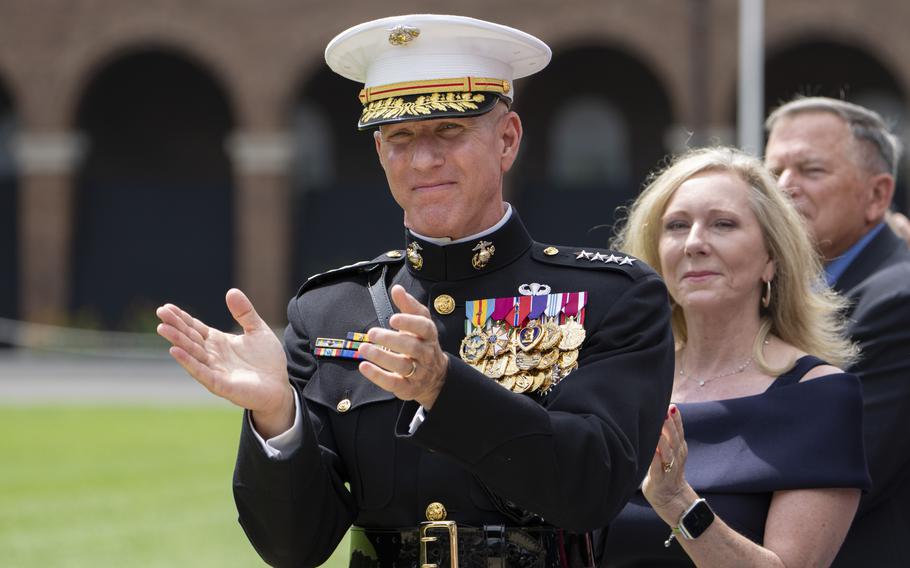 Gen. Eric Smith attends a relinquishment of office ceremony in July 2023, about three months before suffering a heart attack.