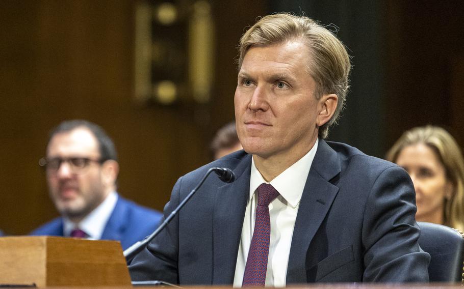 Undersecretary of Defense nominee Elbridge Colby prepares to testify on Wednesday, Feb. 12, 2025, during a Senate Armed Services Committee hearing to examine his nomination to be Under Secretary of Defense for Policy in Washington. 