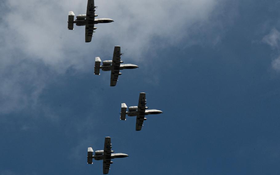 Four A-10C Thunderbolt II aircraft from the Maryland Air National Guard fly in formation 