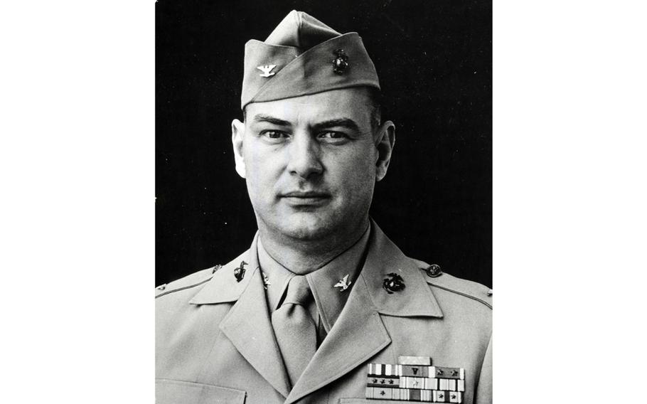 A black and white photograph of Marine Col. Justice Chambers in uniform.