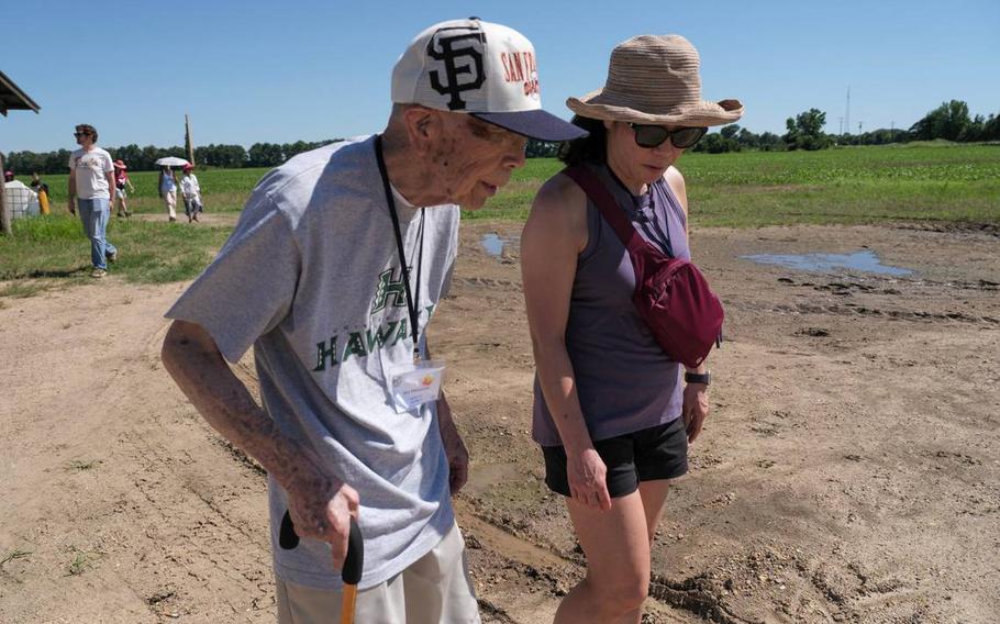 Roy Matsuzaki, 91, of San Jose, Calif., visits the site of the Jerome incarceration camp in Arkansas with his daughter, Doreen Kasson, on June 6. Matsuzaki was taken from his home in Elk Grove during World War II to be held at the site.