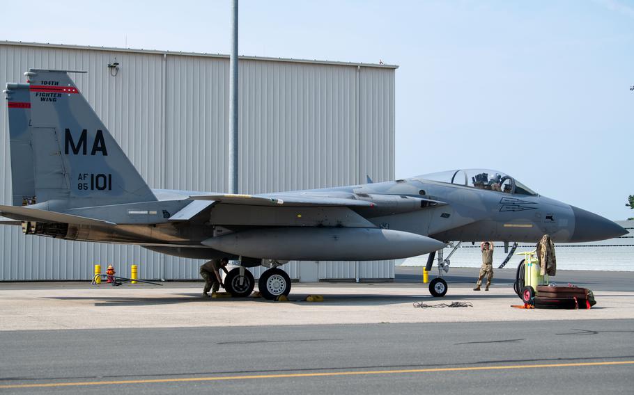 Col. Michael ‘Shot’ Glass, 104th Fighter Wing Operations Group Commander, flew F-15C aircraft 85-101 from Barnes Air National Guard Base in Westfield, Mass., to Bradley Air National Guard Base in East Granby, Conn., on July 22, 2024, its final flight before being retired and donated to the New England Air Museum.