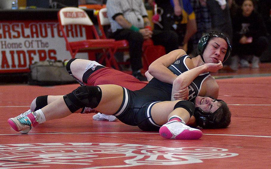 AFNORTH's Richele Reyes controls Kaiserslautern's Dominic Bailey during a 120-pound match at a wrestling meet on Dec. 9, 2023, at Kaiserslautern High School in Kaiserslautern, Germany.