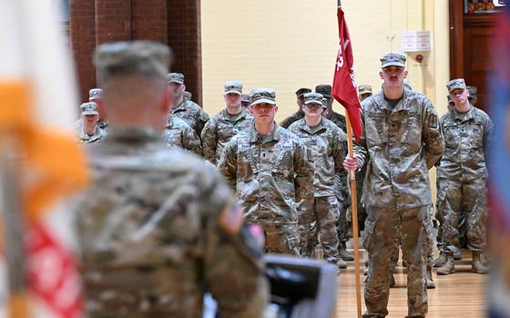 Soldiers assigned to the 152nd Engineer Support Company stand in formation during their farewell ceremony, Connecticut Street Armory, Buffalo, January 2, 2025. The unit will first train in Texas, before heading to Africa, supporting Joint Task Force-Horn of Africa. New York Army National Guard photo by Capt Jason Carr.