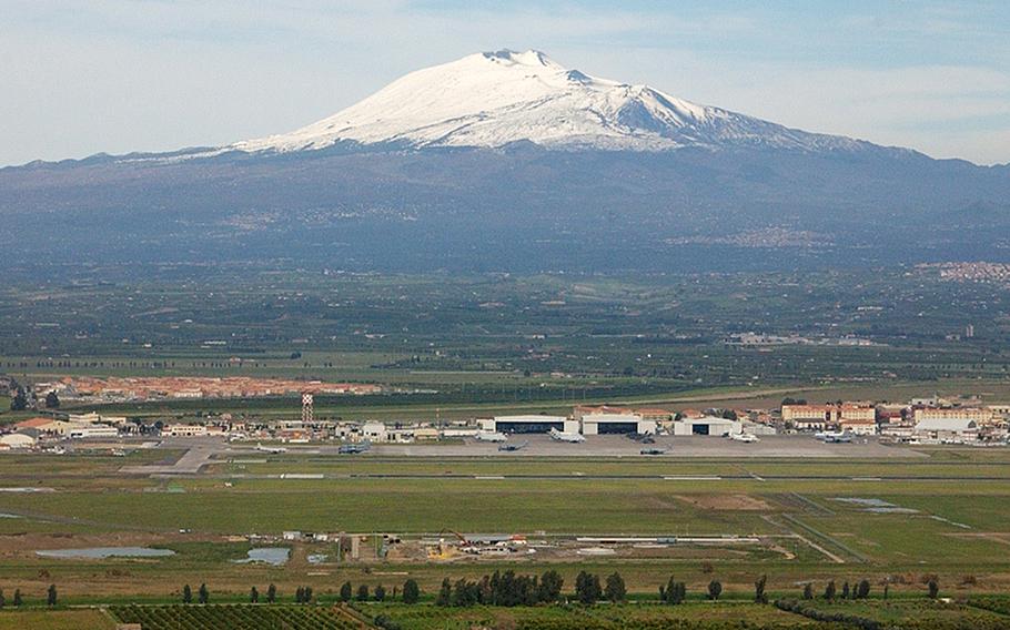 Naval Air Station Sigonella in Sicily, with Mt. Etna in the distance. Since being established in 1959, NAS Sigonella has grown from a single airstrip to a hub with more than 40 commands. It recently celebrated its 65th anniversary. 