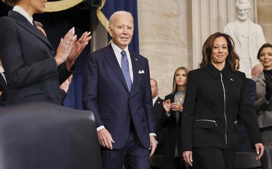 President Joe Biden and Vice President Kamala Harris arrive during the 60th Presidential Inauguration in the Rotunda of the U.S. Capitol in Washington, Monday, Jan. 20, 2025. (Chip Somodevilla/Pool Photo via AP)