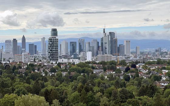 The Frankfurt skyline as seen from the 142-foot-tall Goetheturm. The sightseeing tower is in the forest on the south side of the Main River, on the edge of the city.
