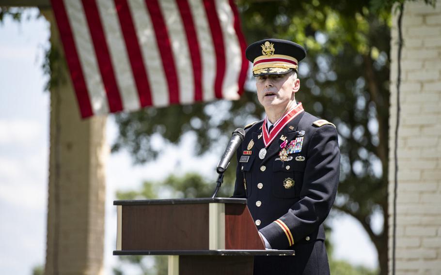 Army Col. Thomas Austin speaks at his retirement ceremony from Arlington National Cemetery on July 21, 2023. 