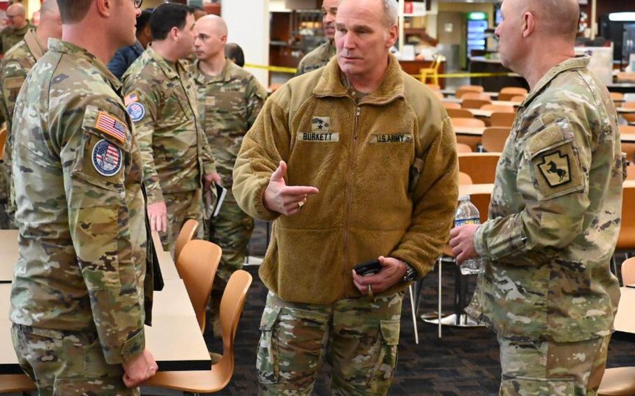 Maj. Gen. Ronald Win Burkett, II, Director, Domestic Operations and Force Development, National Guard Bureau J-3/4/7, visits soldiers