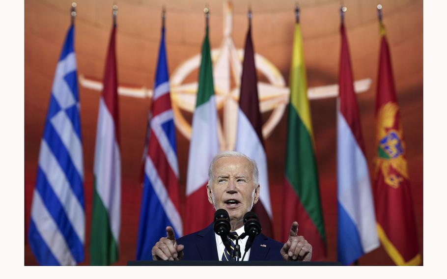 U.S. President Joe Biden delivers remarks on the 75th anniversary of NATO at the Andrew W. Mellon Auditorium in Washington, D.C., on Tuesday, July 9, 2024.