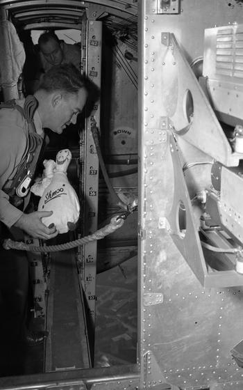 Somewhere above Germany, Oct. 18, 1949, Capt. Eugene T. Williams, U.S. Air Force assistant German Youth Activities officer, prepares to throw a Schmoo full of candy out of the Bon Bon Bomber. The B-17 Bon Bon Bomber flew from Wiesbaden Air base to drop some 80,000 candies over displaced persons camps at Ludwigsburg, Heilbronn, and Schwabisch-Gmund. 