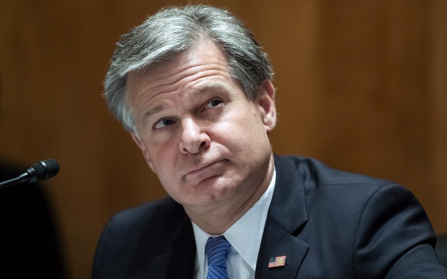 FBI Director Christopher Wray testifies on Capitol Hill in Washington, Sept. 24, 2020. 