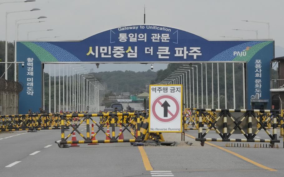 Barricades are placed near the Unification Bridge, which leads to the Panmunjom in the Demilitarized Zone in Paju, South Korea, Monday, Oct. 14, 2024.