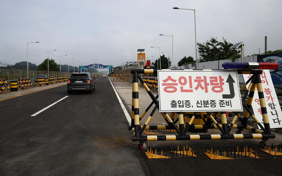 Barricades are placed near the Unification Bridge, which leads to the Panmunjom in the Demilitarized Zone on July 19, 2023, in Paju, South Korea. A U.S. soldier who had served in South Korea crossed the military demarcation line separating the two Koreas into North Korea without authorization. The man moved into the North during a tour at the Panmunjom Joint Security Area in the Demilitarized Zone (DMZ).