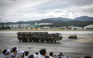 A South Korean transporter erector launcher carrying a Hyunmoo-5 missile is paraded in Seoul for Armed Forces Day, Tuesday, Oct. 1, 2024. 