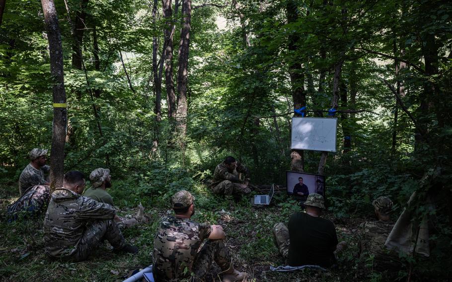 Instructors from Ukraine’s 93rd Brigade learn teaching techniques and orientation last month in the Donetsk region. 