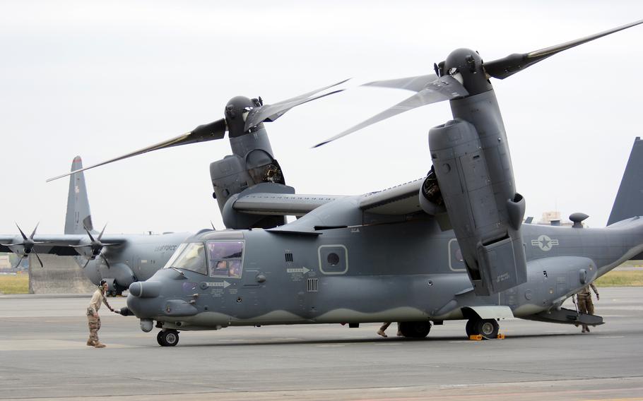 An Air Force CV-22B Osprey arrives at Yokota Air Base, Japan, in April 2018.