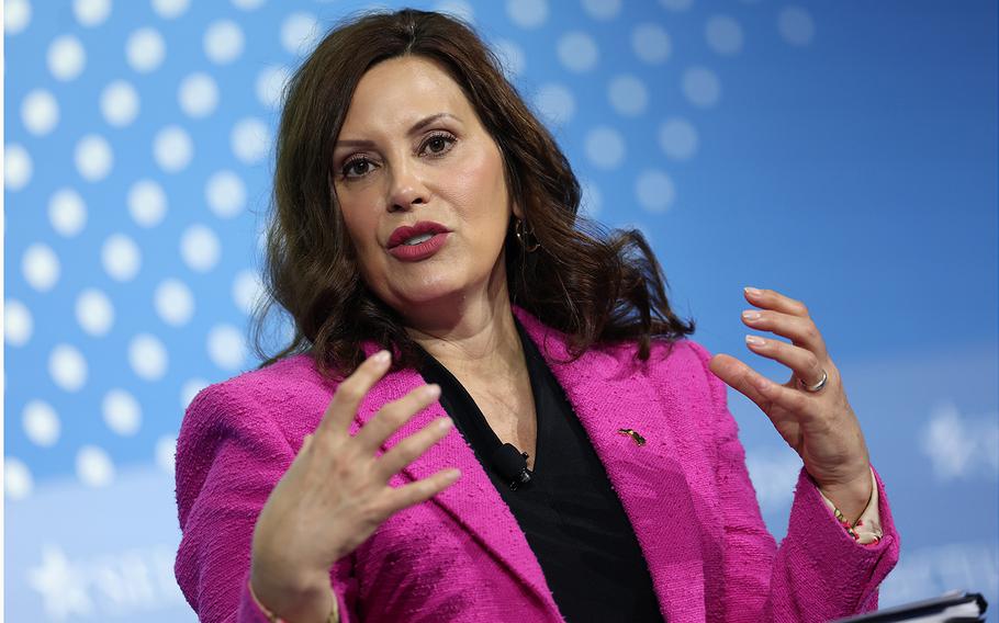 Michigan Gov. Gretchen Whitmer delivers remarks at the SelectUSA Investment Summit in National Harbor, Maryland, on May 4, 2023.