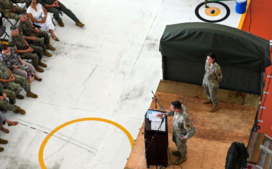 Brig. Gen. Thomas Palenske addresses his airmen after taking command of the 36th Wing at Andersen Air Force Base, Guam, June 30, 2023.