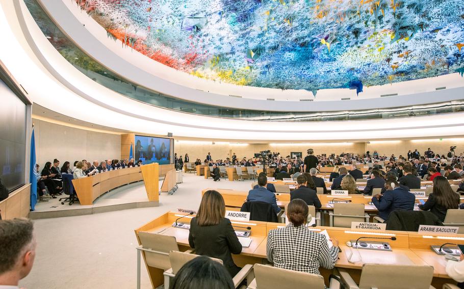 Delegates seated for the opening of a UN Human Rights Council session in Geneva, Switzerland, Feb. 26, 2024.