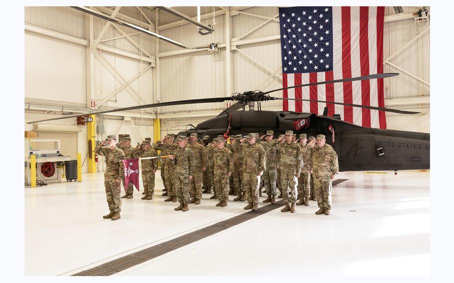 Soldiers assigned to Company C, 2nd Battalion, 211th Aviation Regiment, 67th Troop Command, Iowa National Guard, held a send-off ceremony at the Waterloo Aviation Support Facility on Friday, Dec. 29, 2023. 