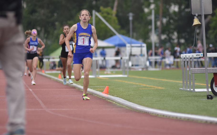 Sigonella freshman Isabella Lyon earned her first individual track title in the girls’ 1,600-meter run with a time of 5:29.10 at the DODEA-Europe track and field championships in Kaiserslautern, Germany, on May 23, 2024.