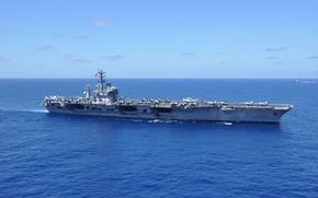 The aircraft carrier USS Nimitz operates in the South China Sea. The Nimitz Carrier Strike Group is conducting operations in the U.S. 7th Fleet area of responsibility.