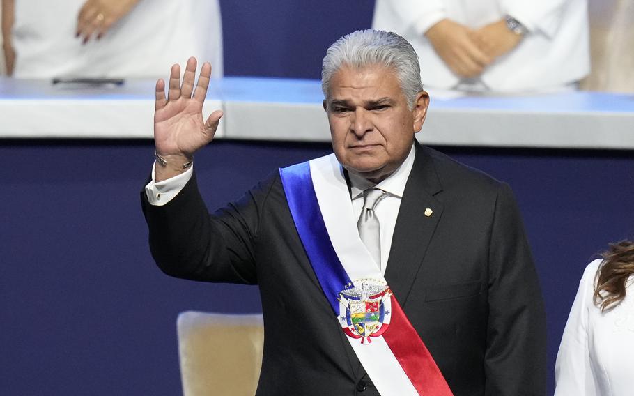 New Panamanian President Jose Raul Mulino waves before giving a speech at his swearing-in ceremony at the Atlapa Convention Centre in Panama City, Monday, July 1, 2024. 