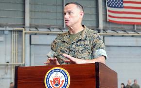 Maj. Gen. Brian Wolford speaks to reporters after taking command of Marine Corps Installations Pacific at Marine Corps Air Station Futenma, Okinawa, on June 14, 2024.