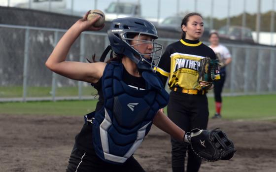 Senior Eunha Walker takes over behind the plate for Kadena's two-time Far East D-I softball champions.