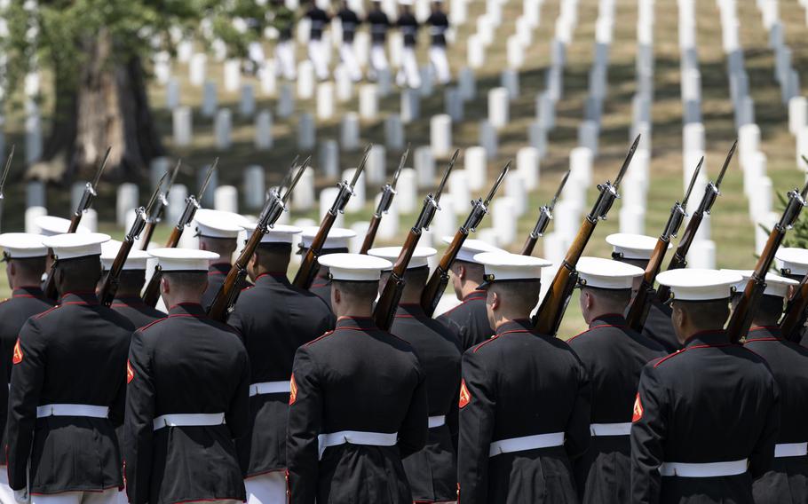 Marines from the Marine Band “The President’s Own” and Marine Barracks Washington conduct military funeral honors with funeral escort for retired Gen. Alfred Gray Jr., the 29th Commandant of the Marine Corps, in Section 35 of Arlington National Cemetery, Arlington, Va., July 29, 2024. 