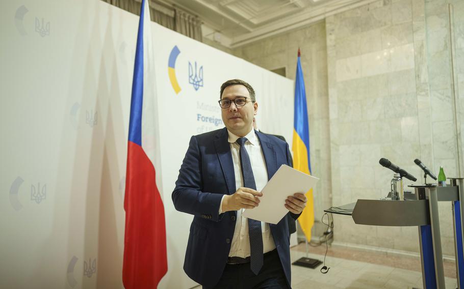 Czech Republic’s Foreign Minister Jan Lipavsky walks after a joint press conference with Ukraine’s Foreign Minister Andriiy Sybiha in Kyiv, Ukraine, Friday, Nov. 22, 2024. 