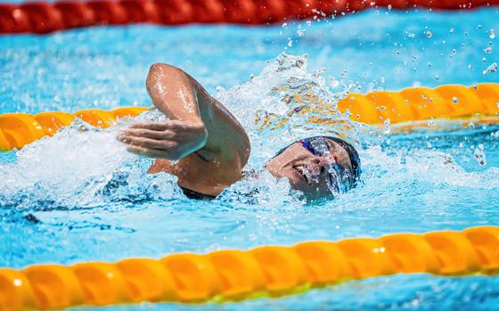 Sgt. 1st Class Elizabeth Marks swims the freestyle portion of the women's 200 meter individual medley SM6 final at the 2023 Para Swimming World Championships, held in Manchester, England, last summer. Marks will be competing in her third Paralympics when the 2024 Games get underway in Paris this week. 
