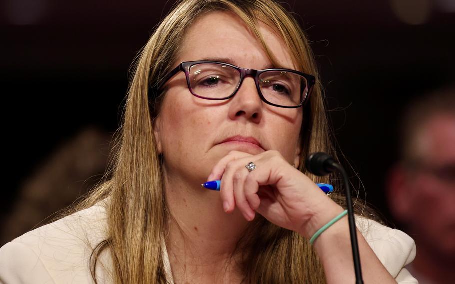 Meredith Beck, national policy director at the Elizabeth Dole Foundation, listens during a joint hearing of the Senate Committee on Aging and Veterans Affairs on Capitol Hill on June 5, 2024. The hearing discussed improving services for veterans and their caregivers.