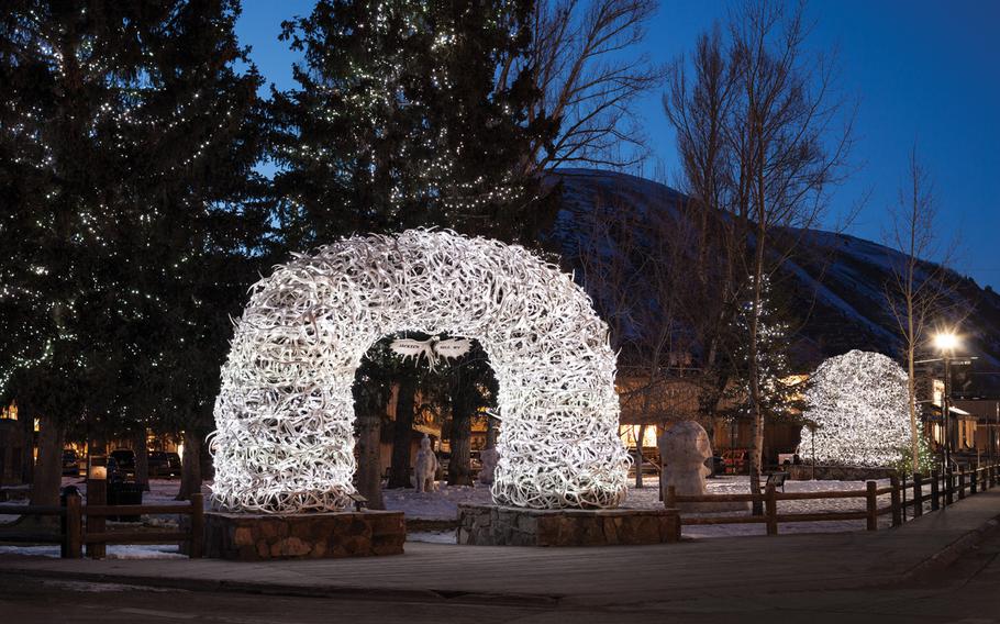 An arch made of elk antlers in the Jackson, Wyo., town square.