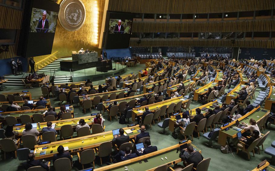 António Guterres, United Nations Secretary-General, speaks during the 79th session of the United Nations General Assembly, Tuesday, Sept. 10, 2024. Cameroon’s former Prime Minister Philemon Yang, seated behind Guterres, took over the presidency of the U.N. General Assembly on Tuesday.