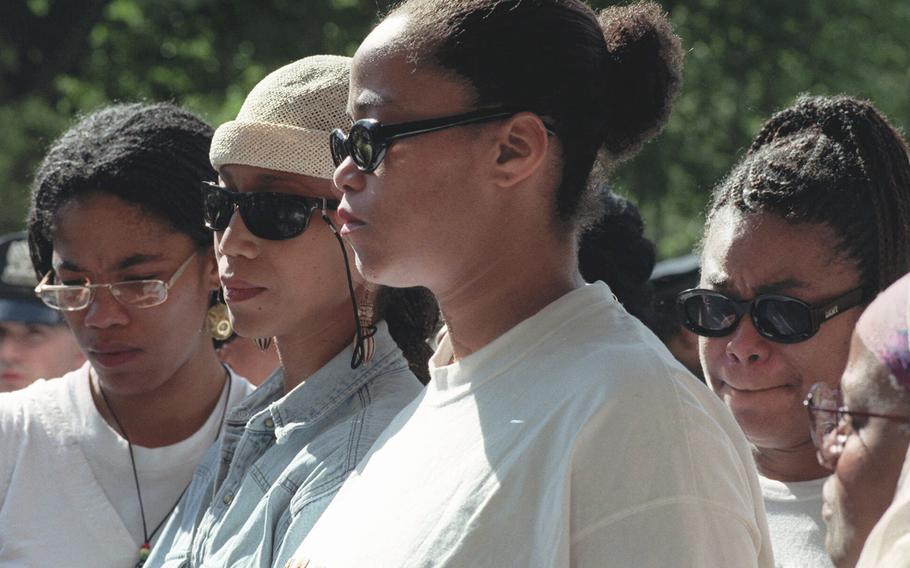 The daughters of Malcolm X talk to the press, June 23, 1997.